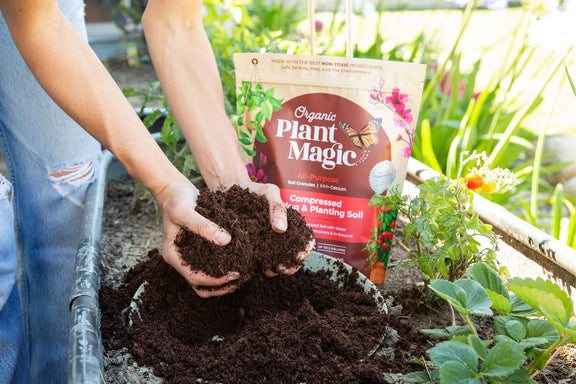 Pair of hands picking up compressed soil with packaging at the back