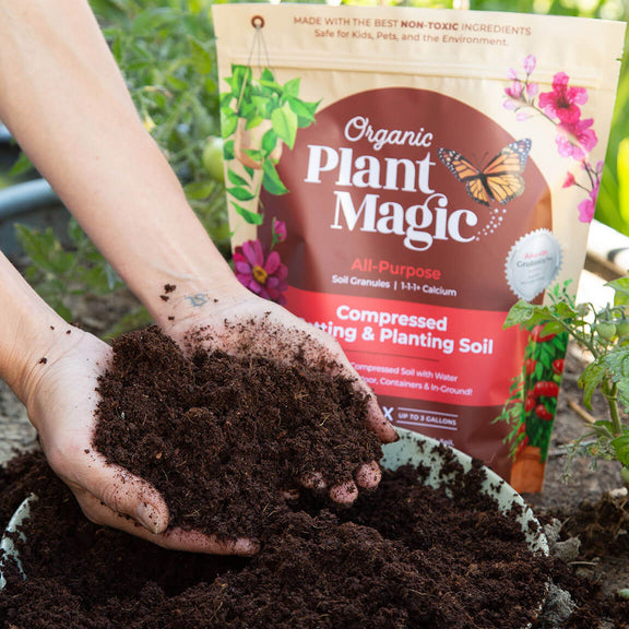 Pair of hands holding compressed soil with packaging in the background
