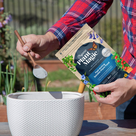 Main holding a scoop of soluble fertilizer as well as the packaging