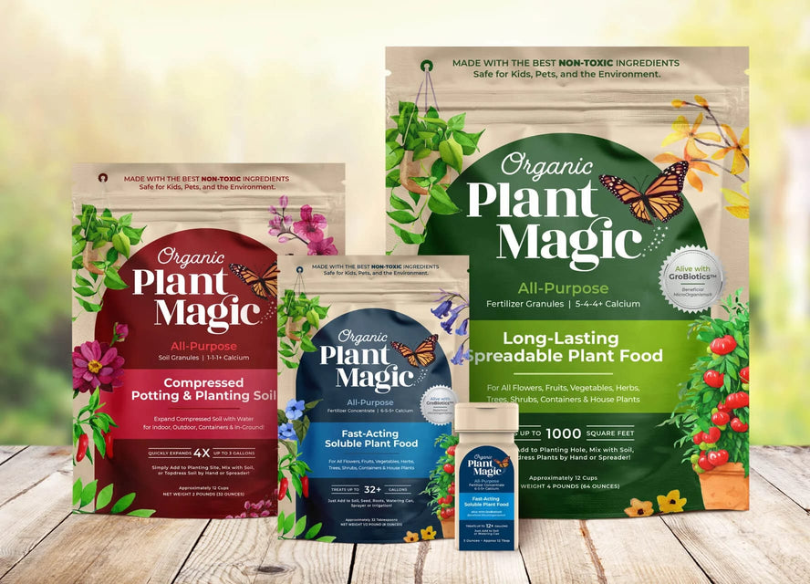 Organic Plant Magic's product lineup including compressed soil, spreadable plant food, and soluble plant food