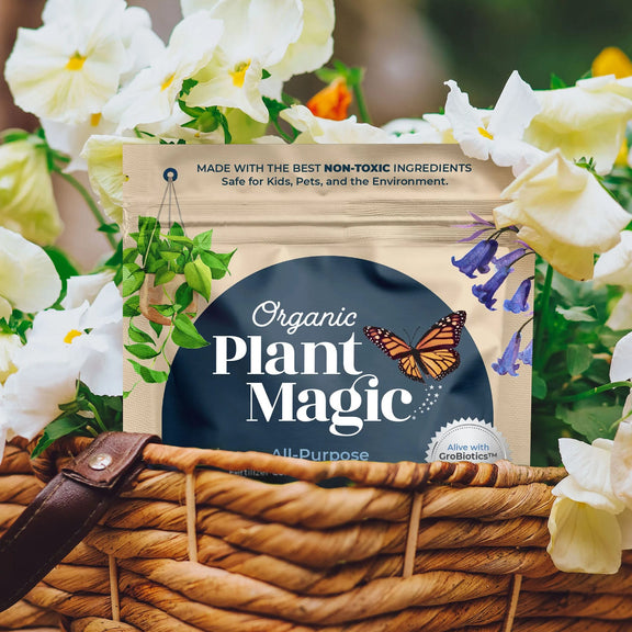 Package of soluble fertilizer in a flower basket