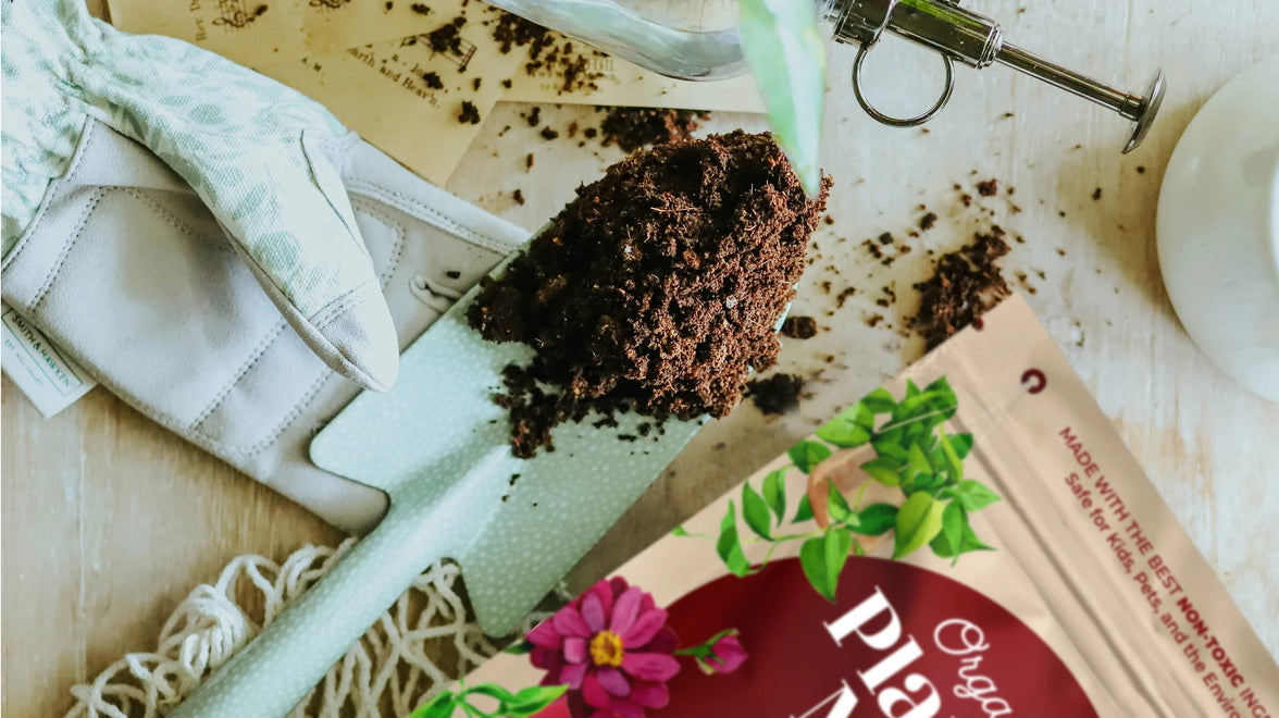 A shovel full of organic compressed soil ready to be added to indoor potted plants