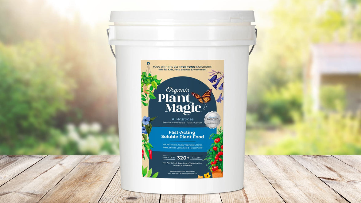 A five pound bucket of Organic Plant Magic's Fast-Acting Soluble Plant Food. A Non-Toxic Plant Fertilizer that is safe for kids and the environment.